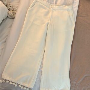Tularosa Creamish white Wide-Leg Pants with Pom-Pom Trim